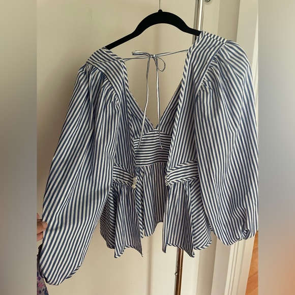STAUD Luna puff sleeve peplum top blue stripe 0 - Picture 4 of 6